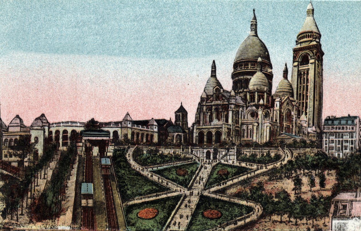 Paris: Standseilbahn und Basilika Sacré-Cœur auf dem Montmartre-Hügel. Fotografie von 1920 im „Künstlerischen Album“ der Stadt Paris. Private Sammlung. von Anonymous Anonymous