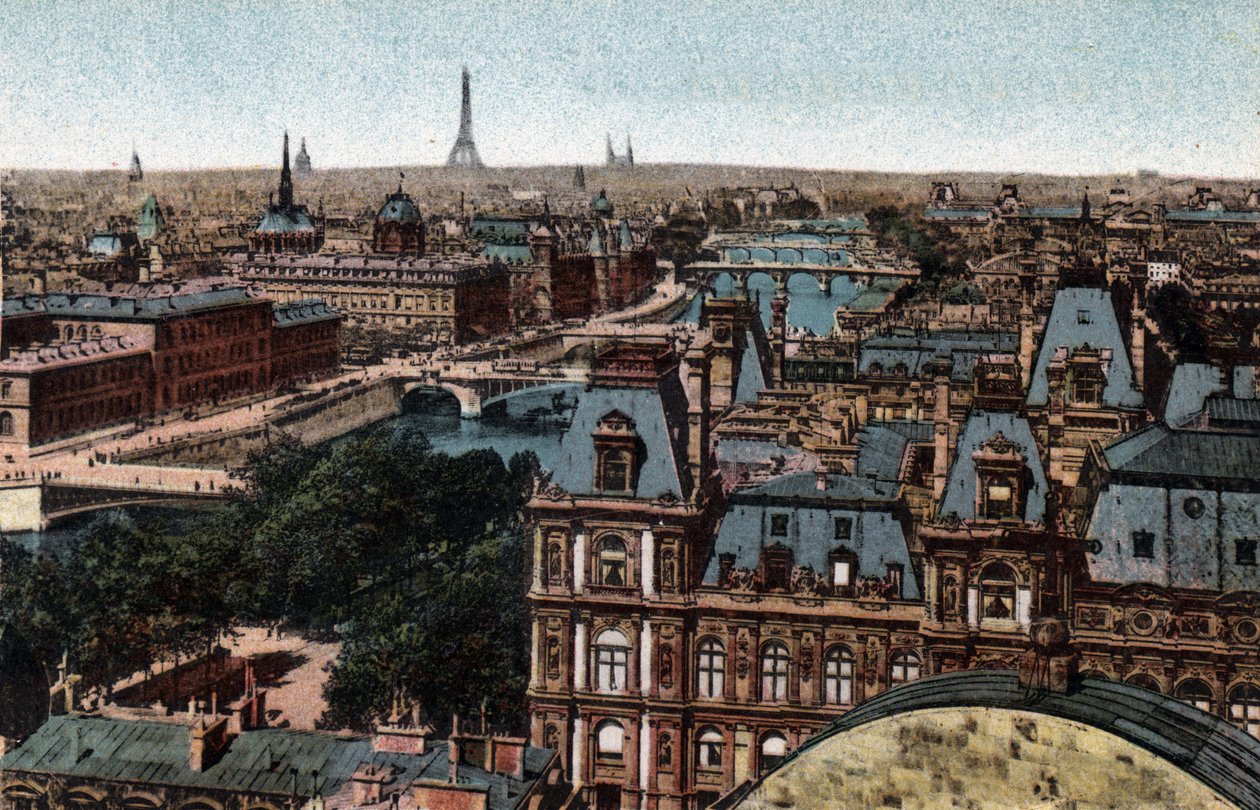 Paris: Panorama der Huits-Brücken an der Seine mit dem Eiffelturm im Hintergrund. Fotografie von 1920 im „Artistic Album“ der Stadt Paris. Private Sammlung. von Anonymous Anonymous