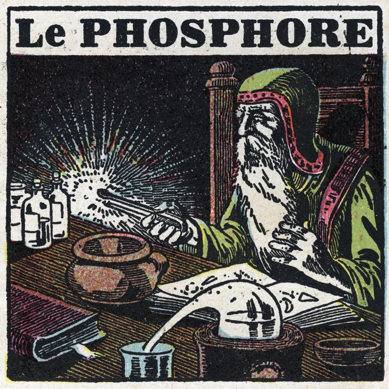 Phosphoreszenz: Phosphor. Ein Alchemist sucht in seinem Labor nach dem Stein der Weisen. Anonyme Illustration von 1925. Private Sammlung. von Anonymous Anonymous