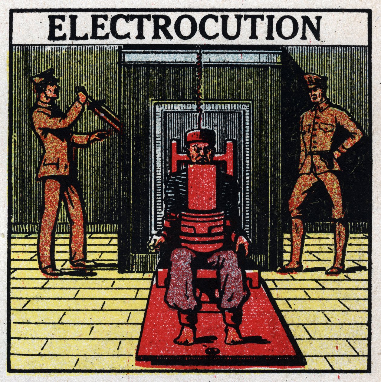 Physiologische Effekte der Elektrizität: Hinrichtung durch den elektrischen Stuhl in einem Gefängnis in den Vereinigten Staaten. Anonyme Illustration von 1925. Private Sammlung. von Anonymous Anonymous