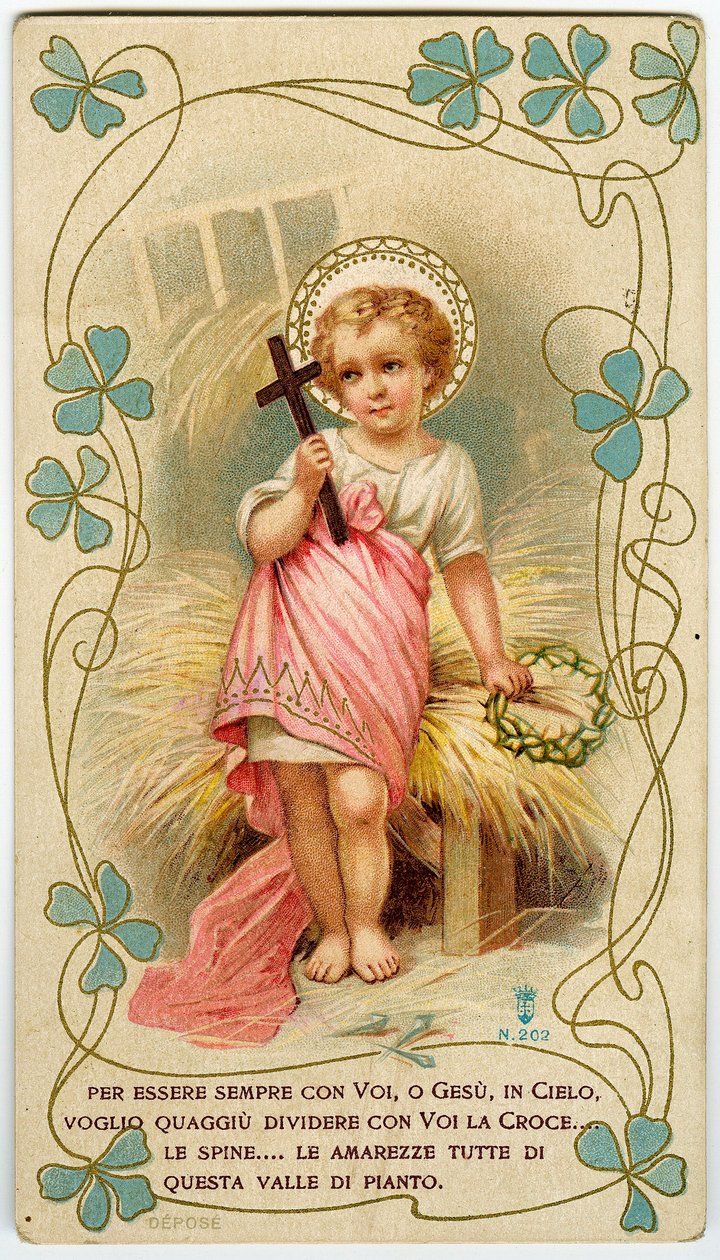 Frommes Bild: ein kleiner Junge, der das Kreuz und die Dornenkrone hält, um Jesu Schmerz zu teilen (Gravur) von Anonymous Anonymous