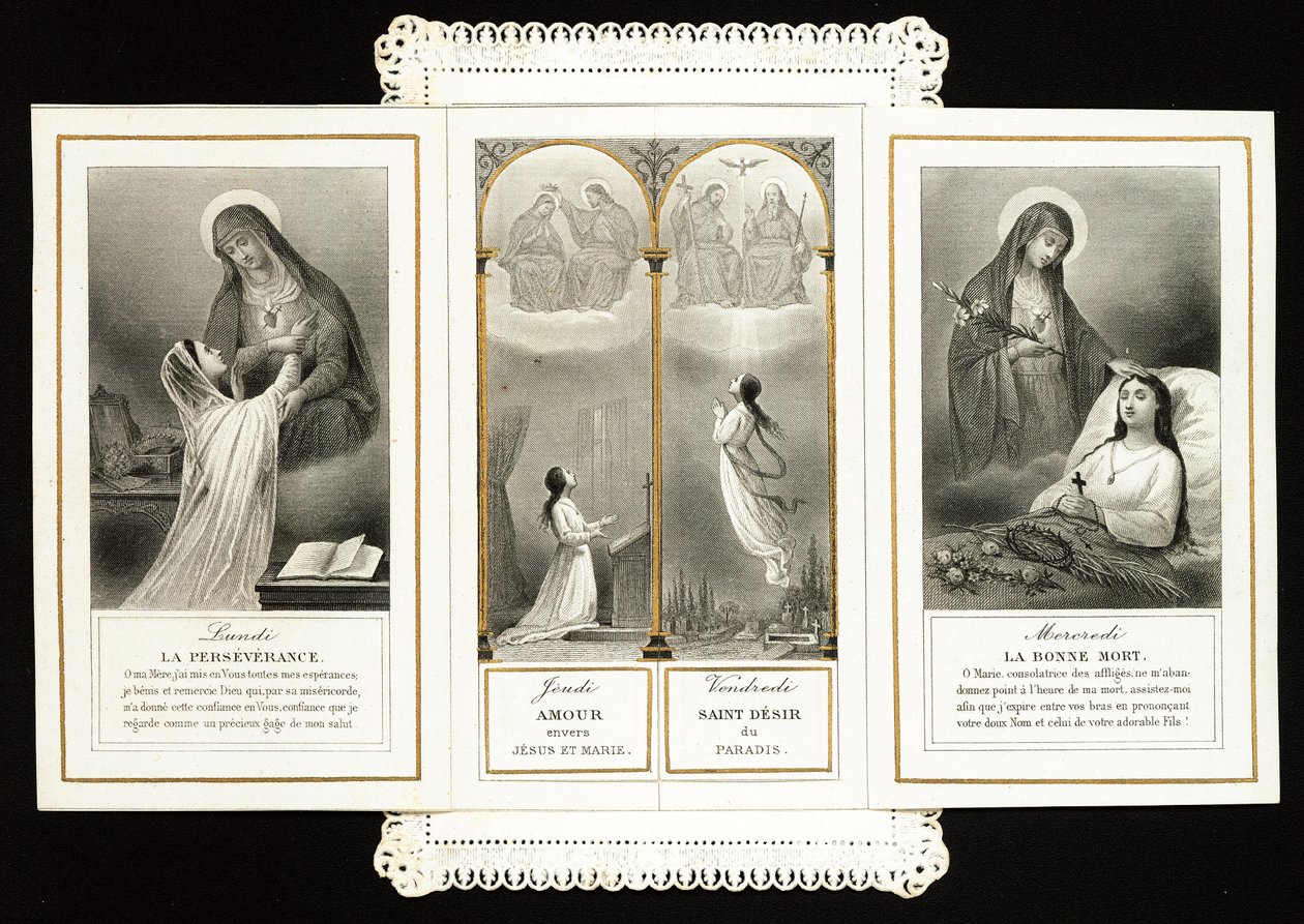 Andachtsbild: Beharrlichkeit, Liebe zu Jesus und Maria, das Heilige Verlangen nach dem Paradies, der Gute Tod. Gezackte Karte im Triptychon. 19. Jahrhundert. Private Sammlung von Anonymous Anonymous