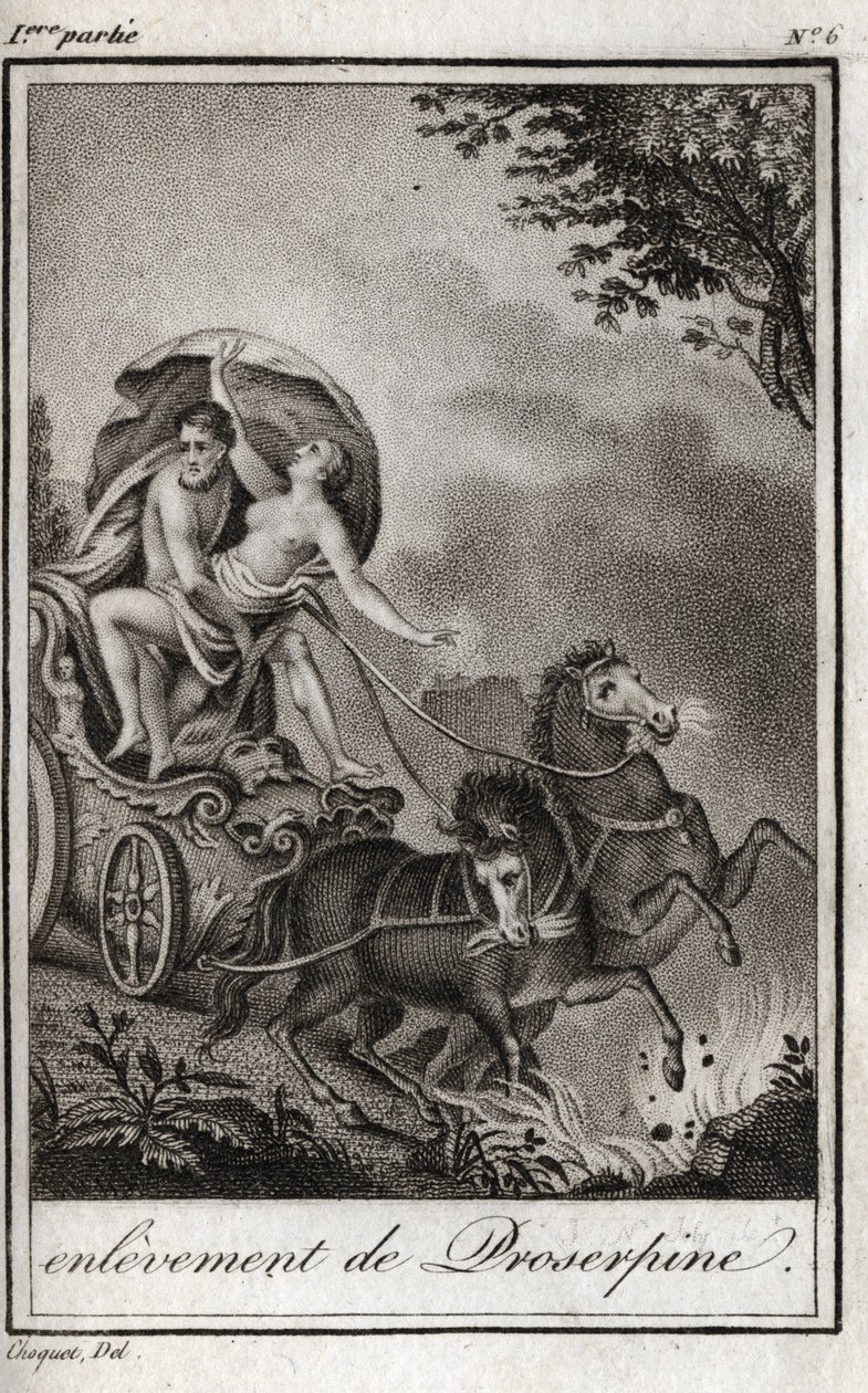 Pluto (Hades) nimmt Persephone (Proserpina) vor ihrer Mutter Ceres (Demeter) und bringt sie ins Reich der Unterwelt. Pluto entführt Persephone in sein Reich, die Unterwelt, in der griechischen Mythologie. Gravur von 1819 in „Lettres a Emilie sur la mytholo von Anonymous Anonymous