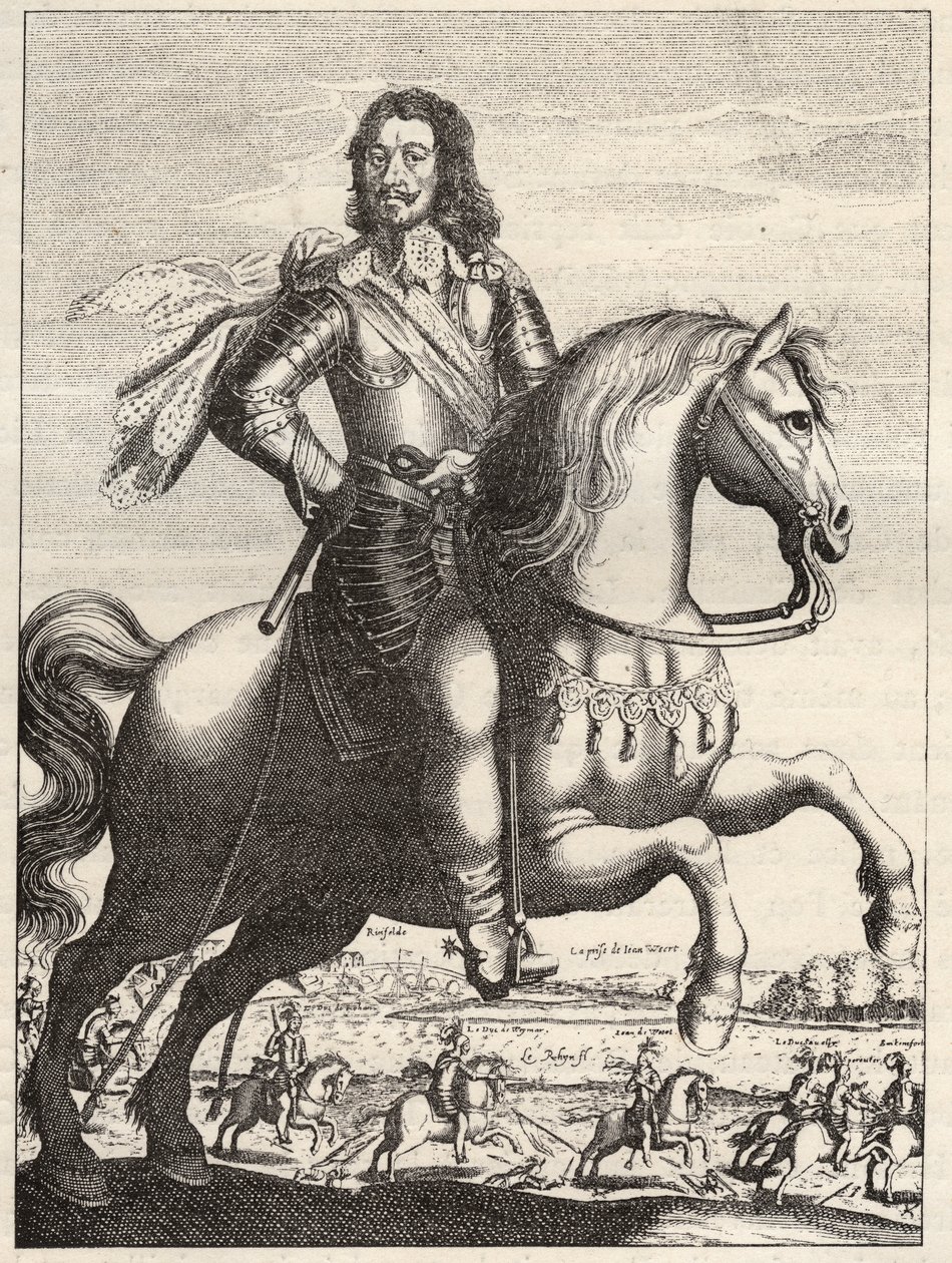 Porträt von Bernhard von Sachsen-Weimar (1604-1639) mit der Darstellung der Gefangennahme von Johann von Werth durch Herzog Bernhard und Herzog von Rohan. Gravur aus dem 17. Jahrhundert. Privatbesitz von Anonymous Anonymous