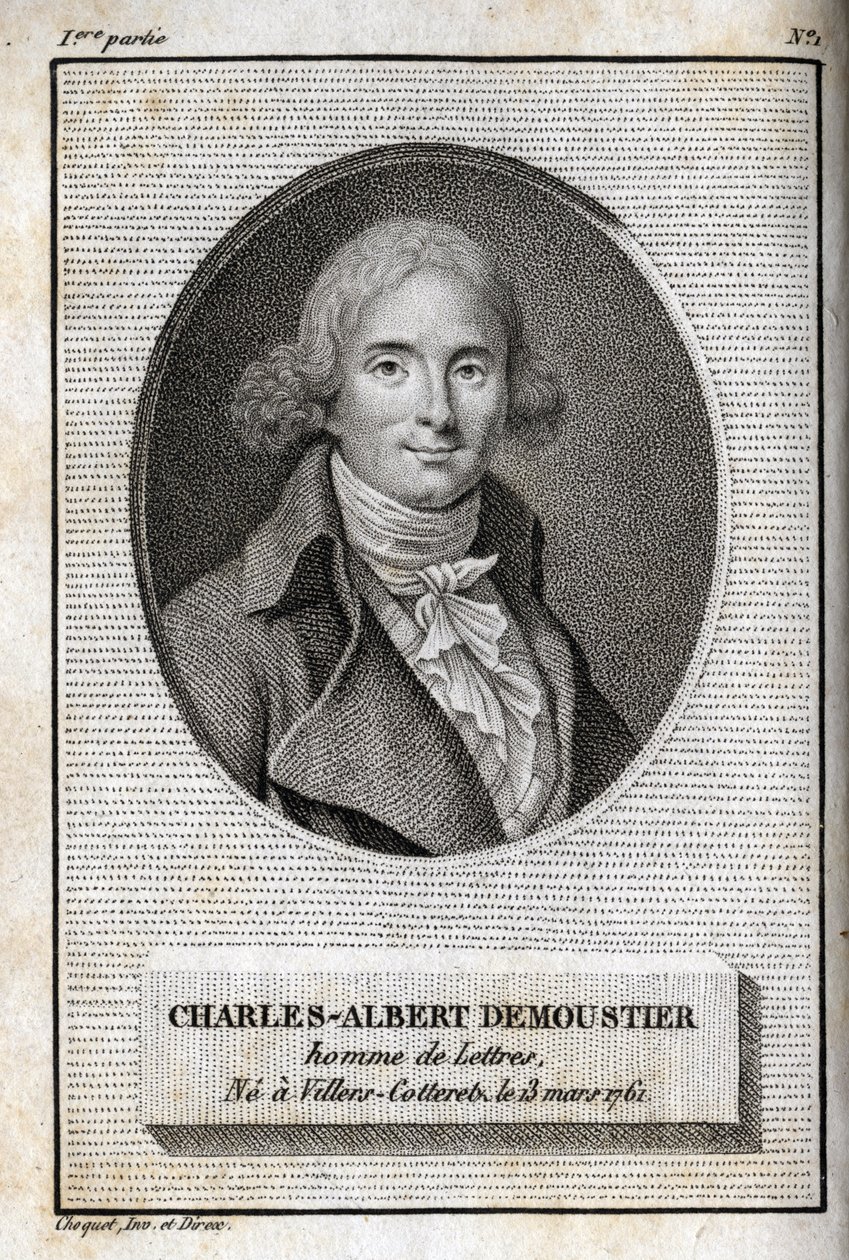 Porträt von Charles Albert Demoustier (1760-1801), französischer Schriftsteller. Gravur aus 1819 in „Lettres à Emilie sur la mythologie“ von Charles Albert Demoustier (1760-1801). Private Sammlung von Anonymous Anonymous
