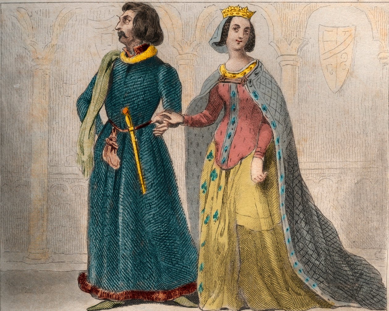 Porträt von Charlotte de Savoie (1441-1483) Königin von Frankreich, mit Ludwig XI. von Frankreich, genannt der Kluge (1423-1483). Gravur von 1859 in „Le Monde. Geschichte aller Völker von den frühesten Zeiten bis zur Gegenwart“ von M. E. de Lostalot-Bachou von Anonymous Anonymous