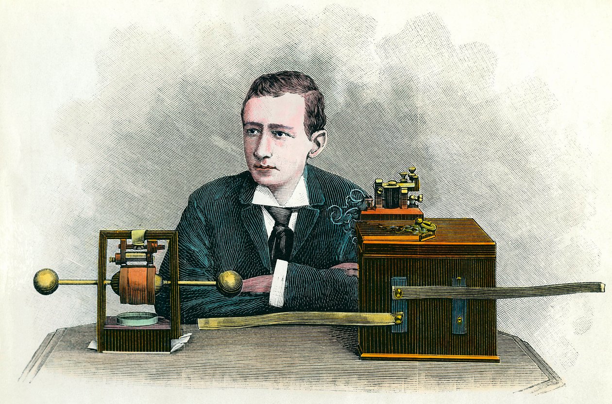 Porträt von Guglielmo Marconi (1874-1937), italienischer Physiker, Erfinder des Telegraphen. Gravur um 1900. Private Sammlung von Anonymous Anonymous