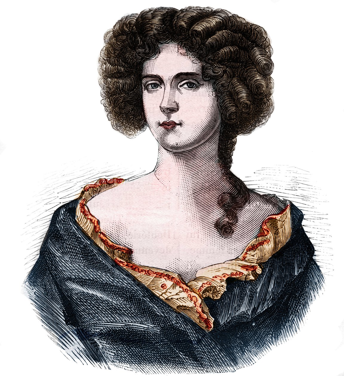 Porträt von Louise de Keroualle (1649-1734), Herzogin von Portsmouth und Geliebte von Charles II. (1630-1685). Gravur in „Histoire de la prostitution et de la débauche dans les peuples du globe depuis l