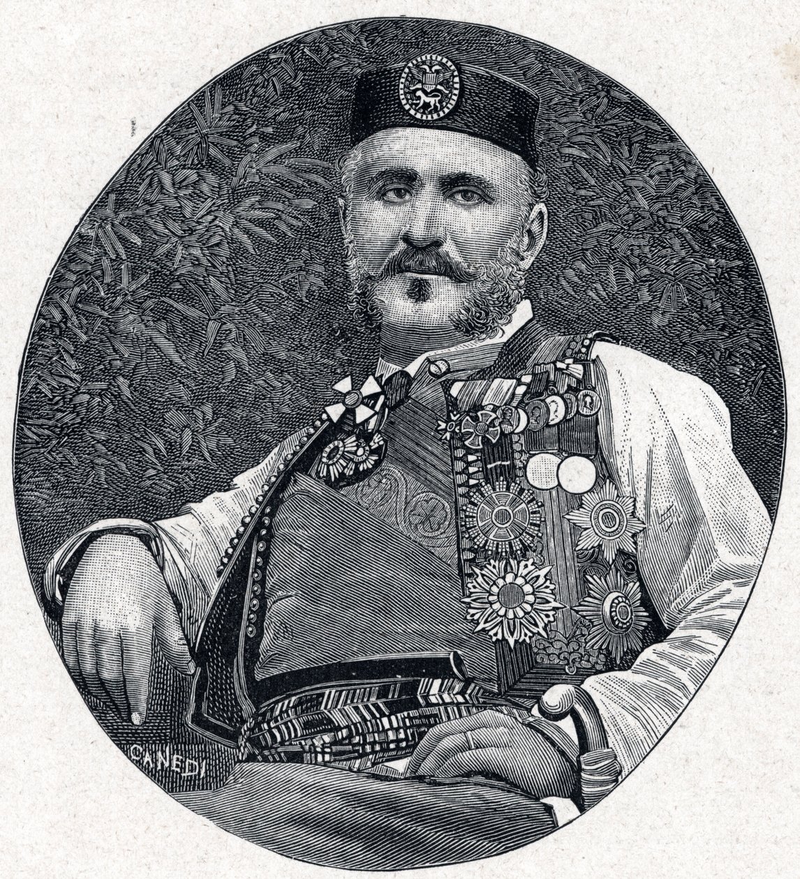 Porträt von Nikolaus I. von Montenegro (Nikola I Petrovic-Njegos) (1841-1921), Fürst von Montenegro und den Berda. Gravur in „Les Missions Catholiques au XIXeme Siecle“ von Louis-Eugene Louvet. Private Sammlung von Anonymous Anonymous