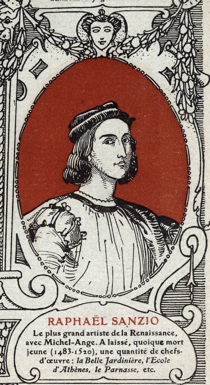 Porträt des italienischen Renaissance-Malers Raffael (Raffaello Sanzio 1483-1520). Gravur von 1914. Private Sammlung. von Anonymous Anonymous