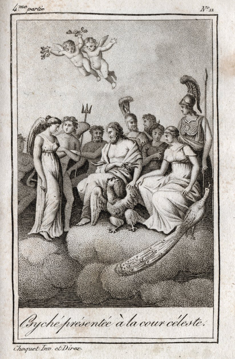 Psyche wird dem himmlischen Hof vorgestellt. Gravur von 1819 in „Lettres à Emilie sur la mythologie“ von Charles Albert Demoustier (1760-1801). Private Sammlung von Anonymous Anonymous