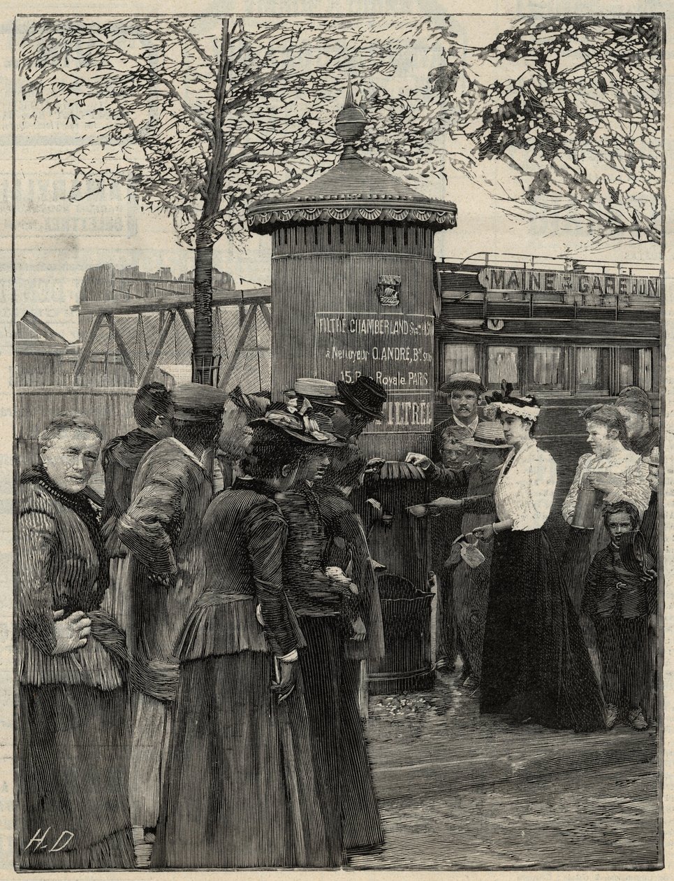 Öffentliche Hygiene: Einwohner von Paris nutzen einen der gefilterten Trinkbrunnen im 15. Arrondissement. Diese Brunnen haben einen Chamberland-Pasteur-Filter. Gravur in „Le monde illustré“ von 1892. Private Sammlung. von Anonymous Anonymous