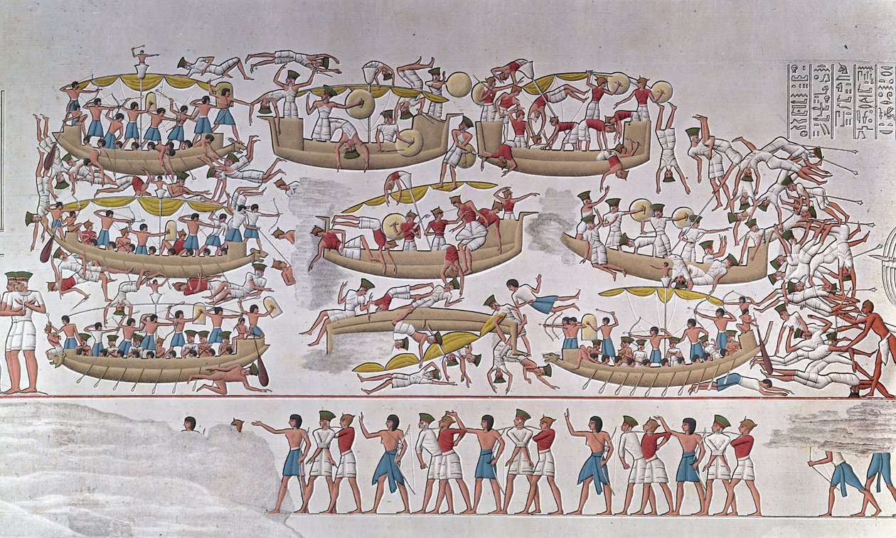 Darstellung der Schlacht im Nildelta zwischen den Armeen von Ramses III. und den Seevölkern. Von einem Relief im Totentempel von Medinet Habu, Ägypten von Anonymous Anonymous