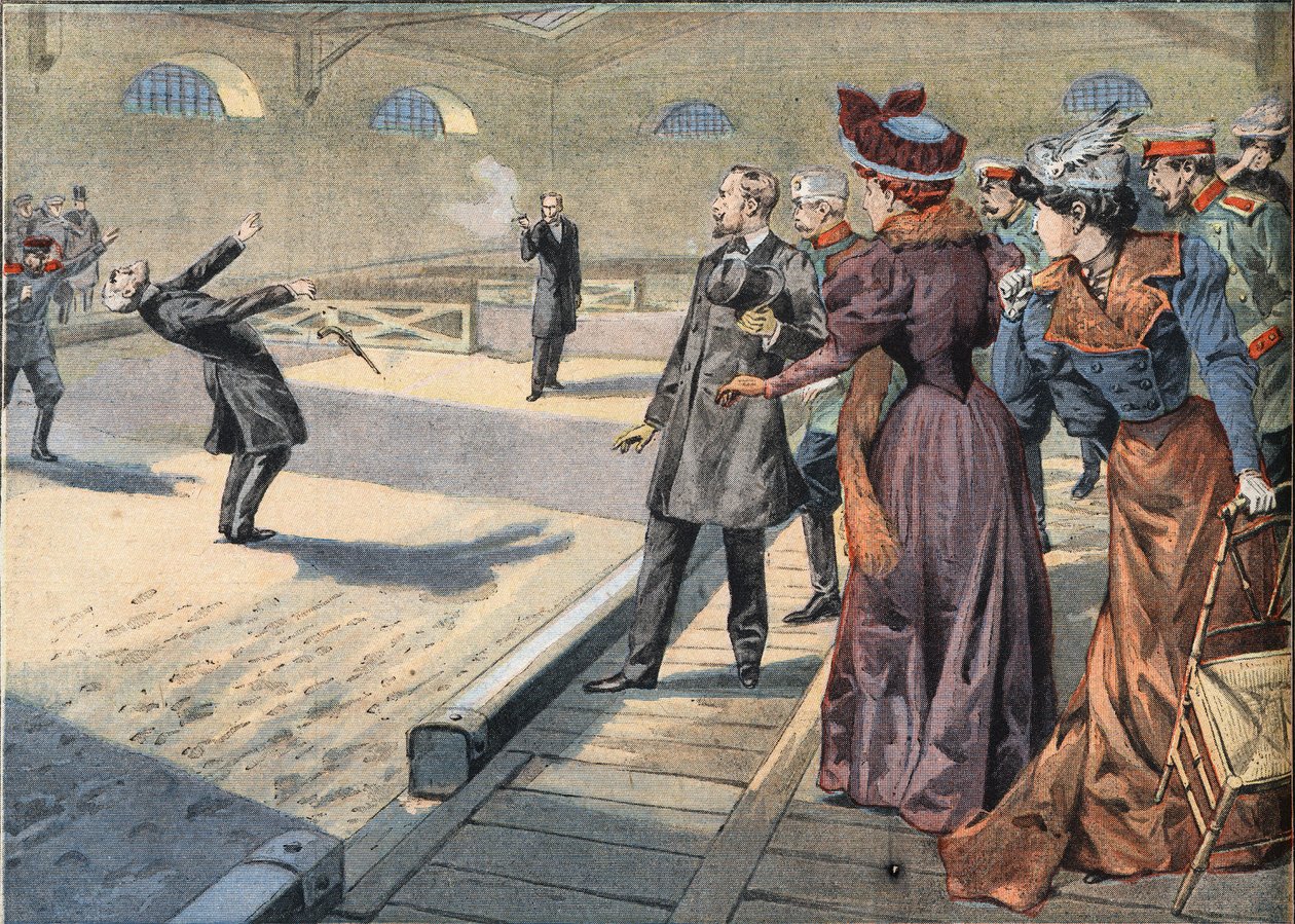 Russische Generäle Smyrnoff und Fock kämpfen im Duell. Gravur aus der Zeitung "Le Petit Parisien", 5.04.1908. Private Sammlung. von Anonymous Anonymous