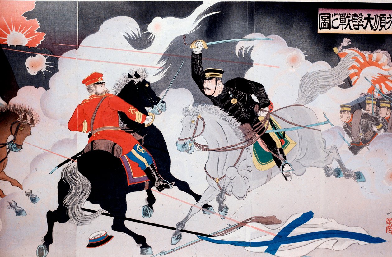 Russisch-Japanischer Krieg (1904-1905) Japanischer Druck, der die Schlacht zweier Reiter darstellt. Anfang des 20. Jahrhunderts von Anonymous Anonymous
