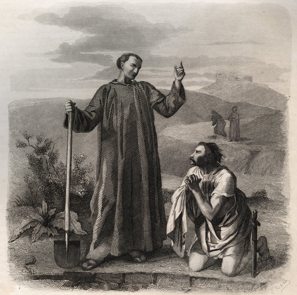 Der heilige Benedikt von Nursia empfängt Totila (6. Jahrhundert), König der Ostgoten. Gravur von 1846 in „Lives of the saints“. Private Sammlung von Anonymous Anonymous