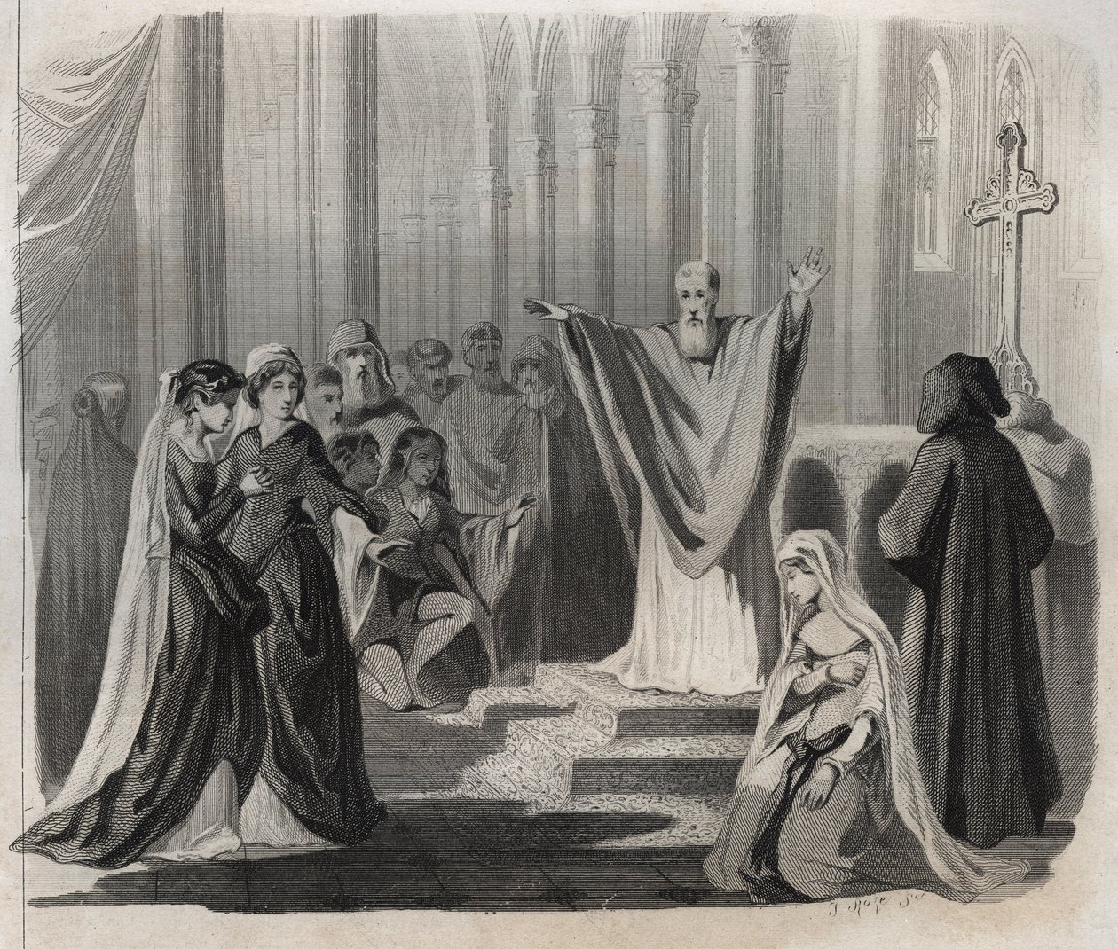 Saint Dunstan (ca. 909-988), Bischof von Canterbury, Benediktiner und Reformator des klösterlichen Lebens in England, kündigt seinen bevorstehenden Tod an. Gravur von 1846 in „Lives of the saints“. Private Sammlung. von Anonymous Anonymous
