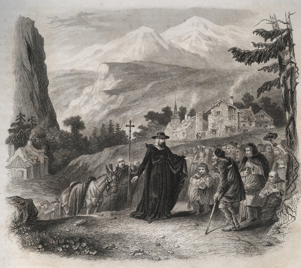 Der heilige Franz von Sales (1567-1622), Bischof von Genf, auf einer Pastoralreise. Gravur von 1846 in „Lives of the saints“. Private Sammlung von Anonymous Anonymous