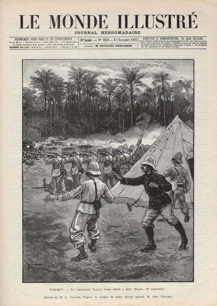 Zweiter Dahomey-Krieg (1892-1894): Tod des französischen Kommandanten Faurax während der Schlacht von Dogba am 19. September 1892 in Dahomey (heute Benin). Eine Zeitung. Gravur in „Le monde illustré“ von 1892. Private Sammlung. von Anonymous Anonymous