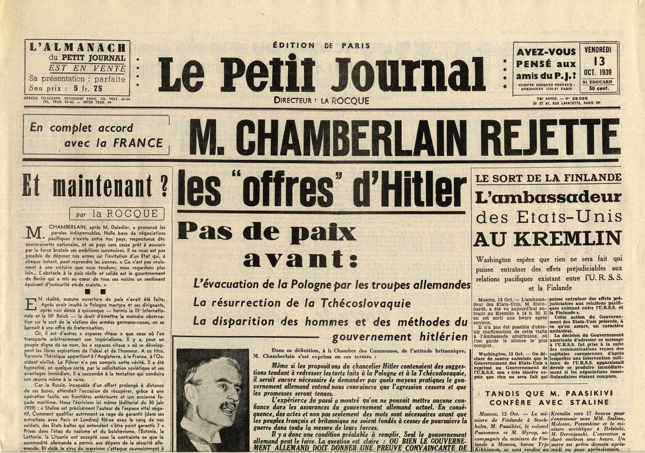 DAS SMITTLE JOURNAL FREITAG 13. OKTOBER 1939 Neville CHAMBERLAIN (1869-1940) LEHNT die Angebote von Adolf Hitler AB von Anonymous Anonymous
