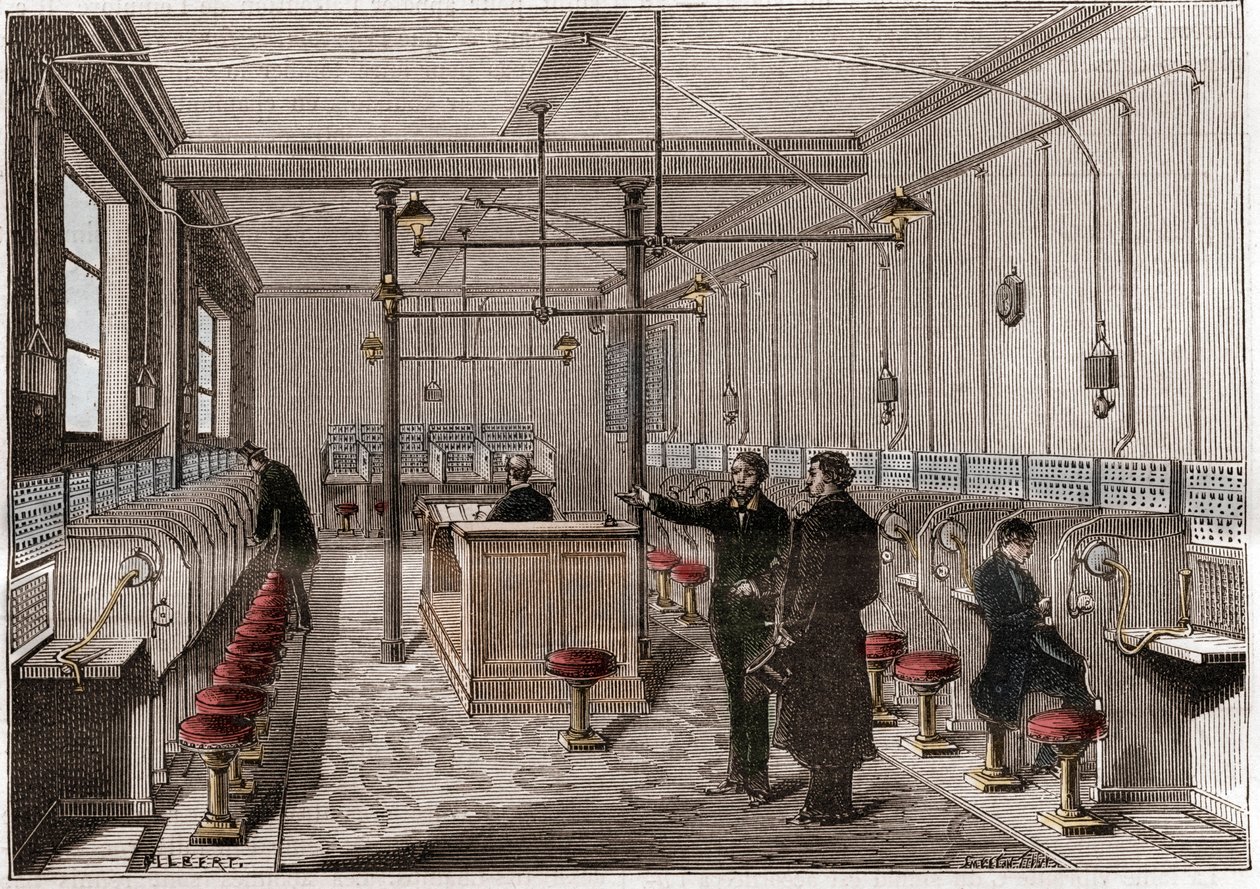 Telefonzentrale nach dem Edison Gower-Bell-System der Telekommunikation - erste zentrale Telefonzentrale in Paris im Jahr 1879 - System des Amerikaners Frederick Gower - Gravur in „La nature“ von 1880 von Anonymous Anonymous