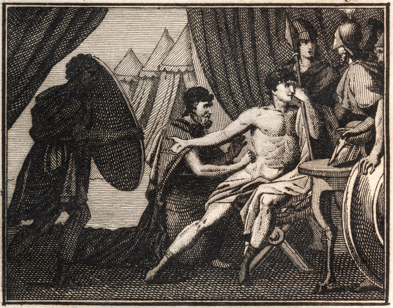 Der Tod von Epaminondas (nach der Schlacht gegen die Spartaner bei Mantineia 362 v. Chr.). Gravur aus „The Rollin of Youth or Selected Pieces of Ancient and Roman Stories“ 1816. Private Sammlung von Anonymous Anonymous