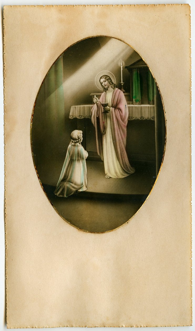 Die Eucharistie, Heilige Kommunion, das Sakrament des Altars: ein Kind vor Jesus (Gravur) von Anonymous Anonymous