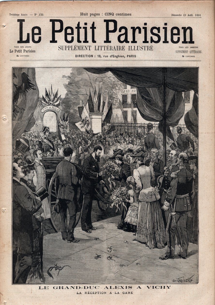 Der Großherzog Alexis Alexandrowitsch (1850-1908) in Vichy - Der Empfang am Bahnhof - Gravur in „Le Petit Parisien“ von 1891 - Private Sammlung von Anonymous Anonymous