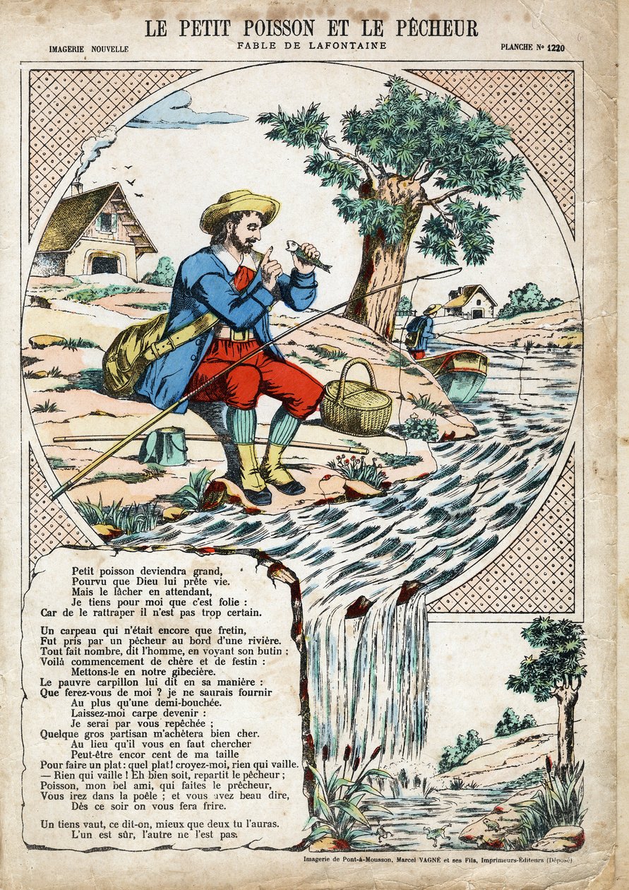 Der kleine Fisch und der Fischer. Illustration für Les Fables von Jean de La Fontaine (1621-1695). von Anonymous Anonymous