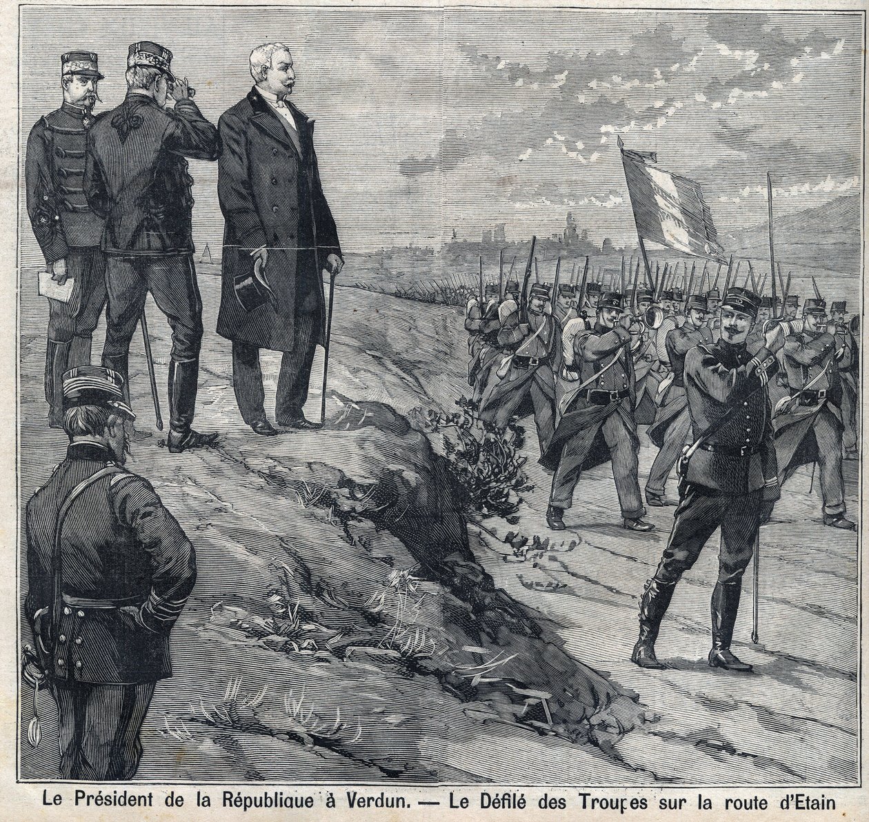 Der Präsident der Republik Felix Faure (1841-1899) besucht Verdun (Meuse): der Umzug der Militärschule der Straße von Etin. Gravur in „Le Petro Parisien“ von Anonymous Anonymous