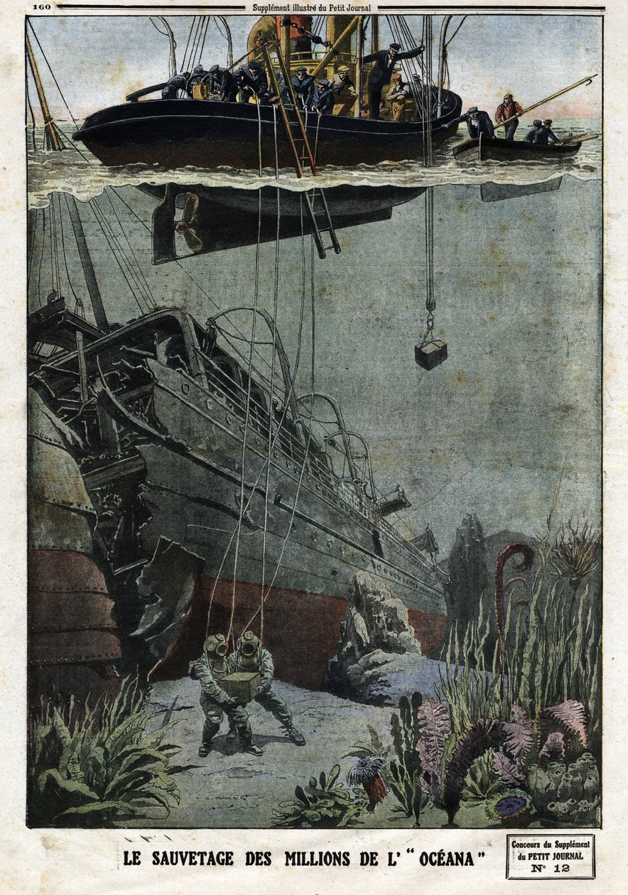 Die Rettung der Millionen der Oceana: Taucher tauchen vor Eastbourne, um die 18 Millionen Metall zu bergen, die der britische Liner nach Indien transportieren sollte. Gravur in „Le Petit Journal“, am 19.05.1912. Private Sammlung. von Anonymous Anonymous
