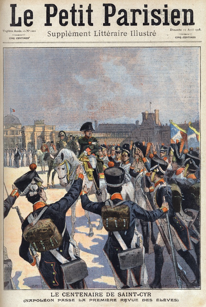 Das hundertjährige Jubiläum von Saint-Cyr: Napoleon I. Bonaparte (1769-1821) inspiziert die Schüler der Militärschule. In „Le Petit Parisien“ am 12.04.1908 von Anonymous Anonymous