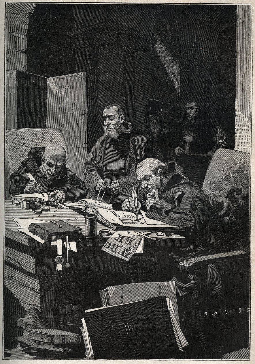 Der Chrysograph: Mönche, die im Mittelalter goldene Buchstaben illuminieren. Gravur von 1885 in „Les arts et métiers illustrés“ von Adolphe Bitard. von Anonymous Anonymous
