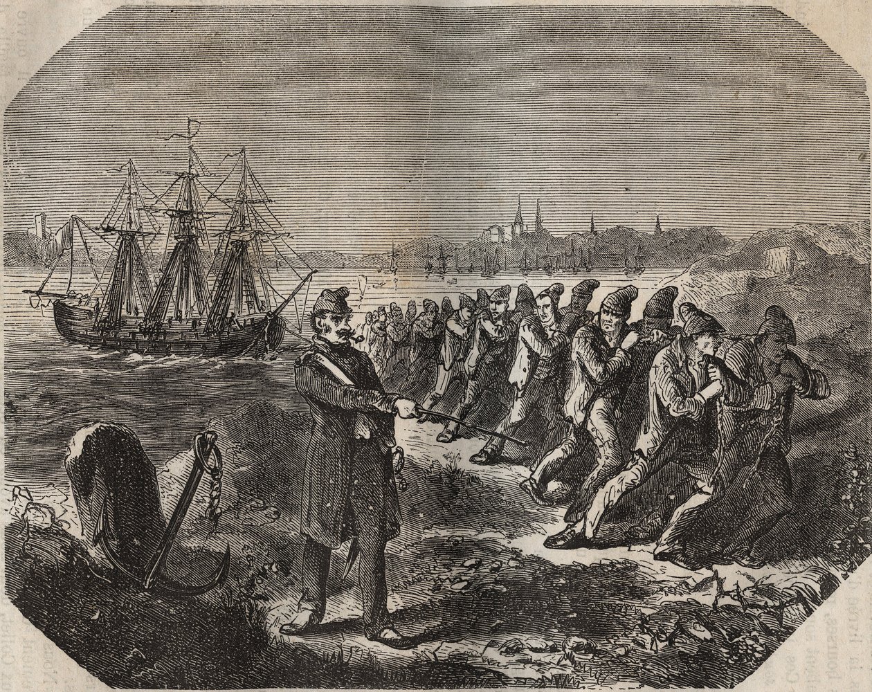 Die Cordelle (Arbeit großer Anstrengung) im Bagne de Rochefort im 19. Jahrhundert. Gravur in „Histoire des bagnes depuis leur création à nos jours“ (1877) von Pierre Zaccone (1817-1895). von Anonymous Anonymous