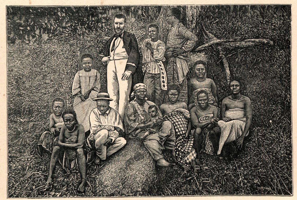 Der Entdecker Pierre Savorgnan de Brazza (1852-1905) und eine Gruppe von Einheimischen aus dem Apostolischen Vikariat der beiden Guineas in Gabun. Gravur in „Les Missions Catholiques au XIXème Siècle“ von Louis-Eugène Louvet. Private Sammlung. von Anonymous Anonymous