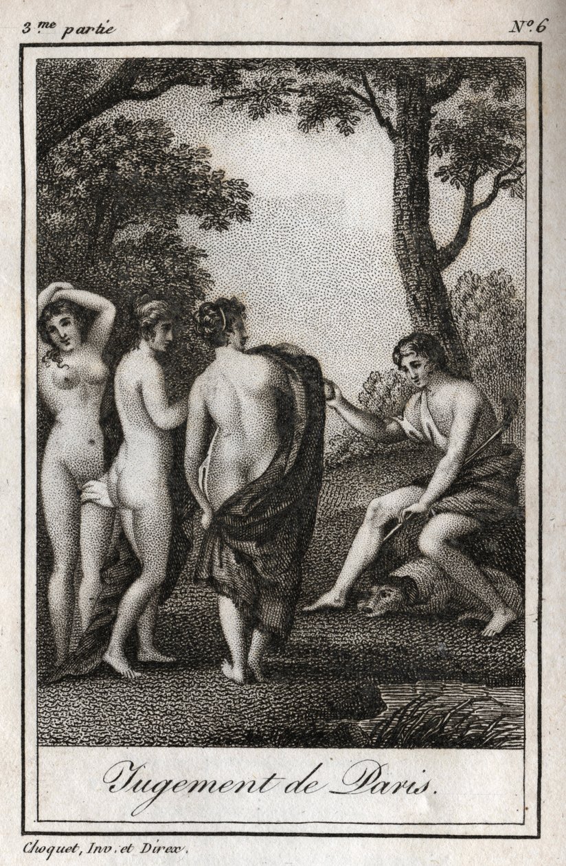 Das Urteil des Paris. Der Hirte Paris muss entscheiden, wem er den goldenen Apfel überreicht, um die Schönste der drei Göttinnen, Athena, Aphrodite oder Hera, zu bestimmen. Gravur von 1819 in „Lettres a Emilie sur la mythologie“ von Charles Albert Demousti von Anonymous Anonymous