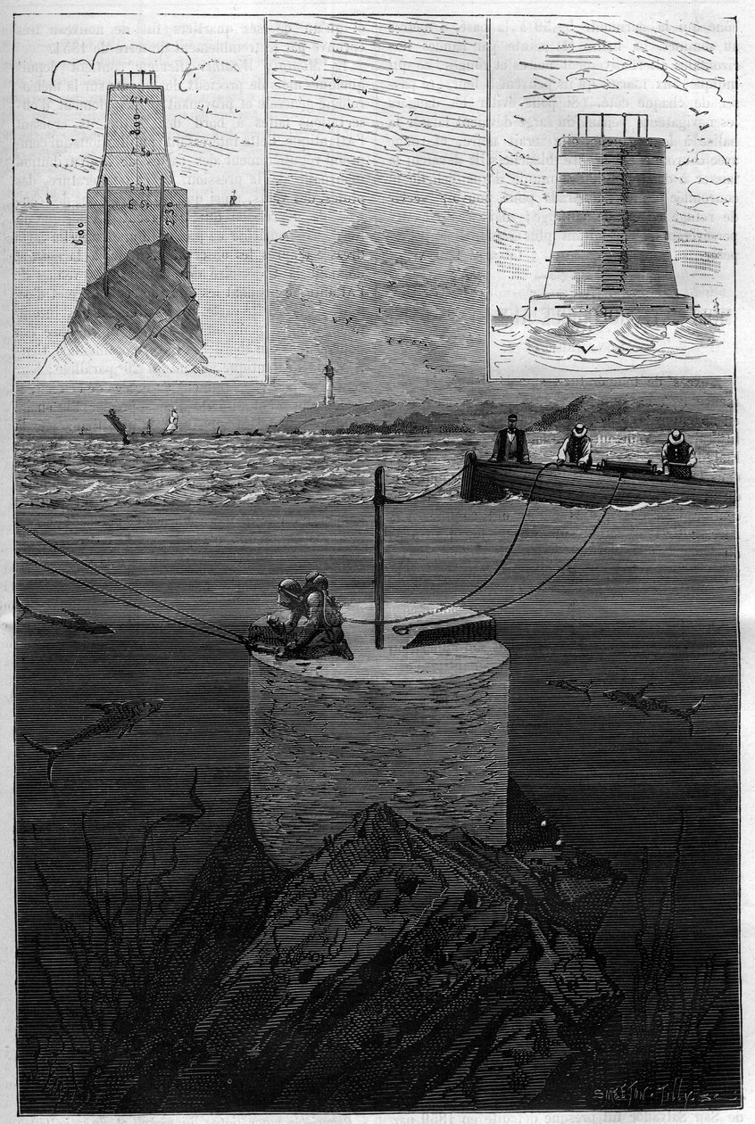 Der Leuchtturm von Lavezzi: Bau des Turmfeuers der Lavezzi-Inseln auf der Höhe der Meerenge, die Korsika von Sardinien im Mittelmeer trennt, erbaut 1874 von der Nationalen Marine nach dem Untergang der Semillante im Jahr 1. von Anonymous Anonymous