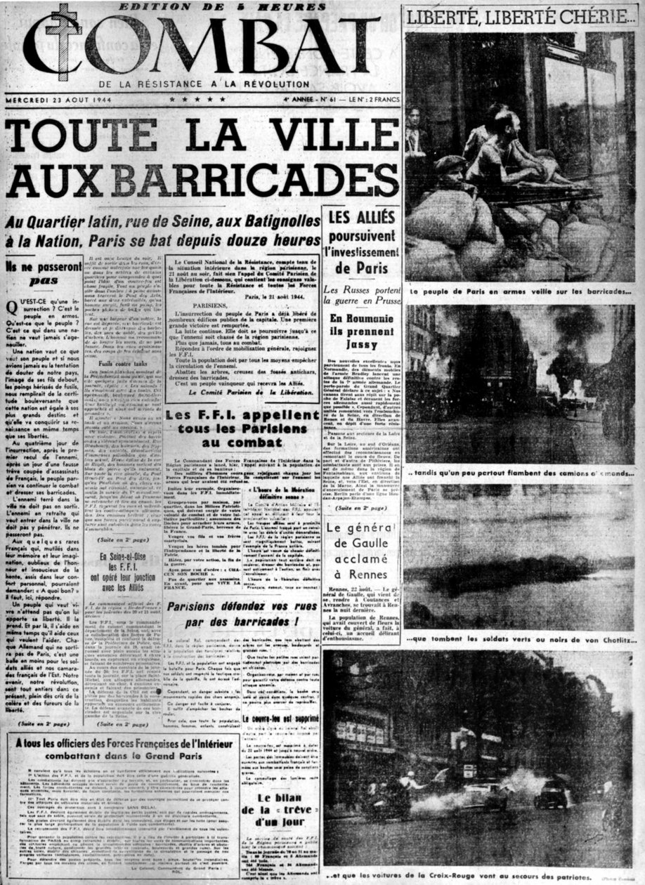 Die ganze Stadt an den Barrikaden: Befreiung von Paris - in „Combat“ vom 23.08.1944, Sammlung MDJ Bernard von Anonymous Anonymous