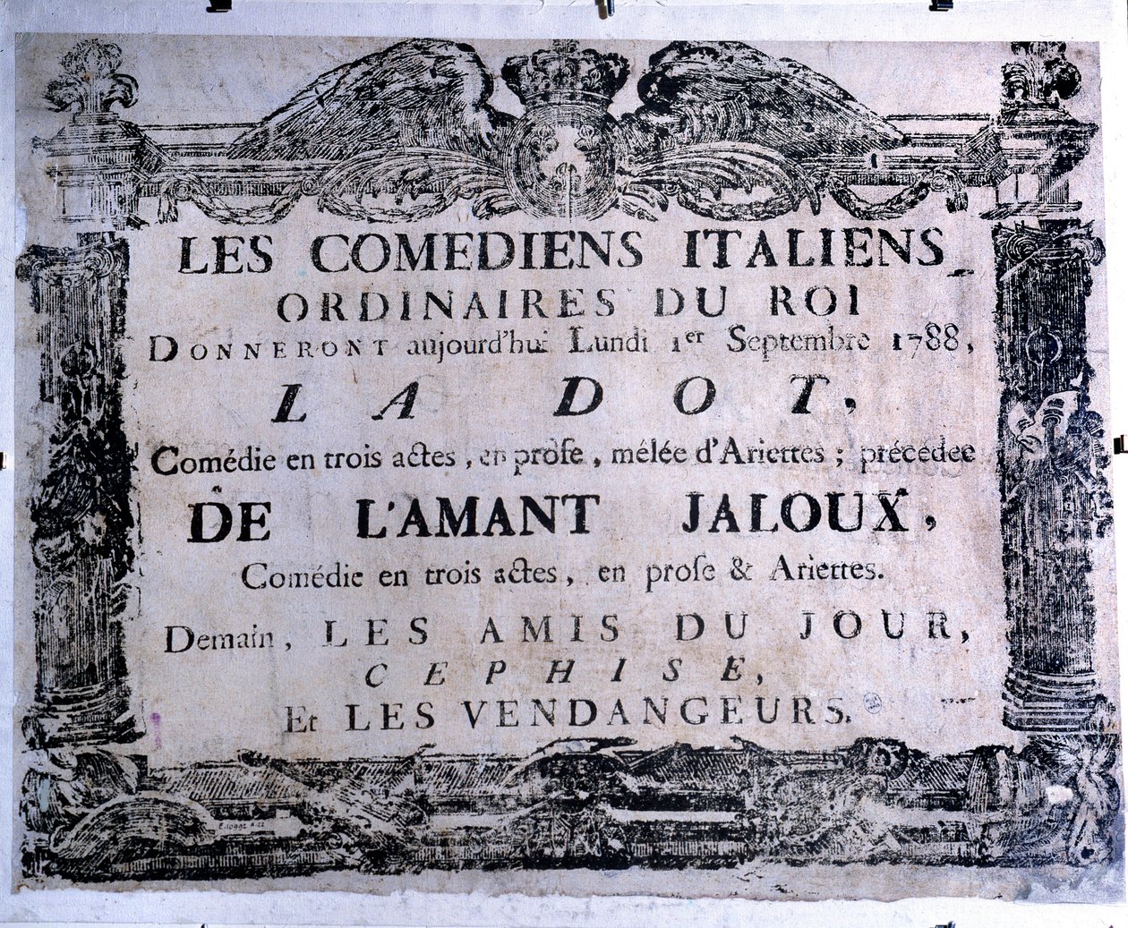 Theaterplakat, das das Stück „The dot“ und „The jealous lover“ präsentiert, aufgeführt von italienischen Komikern, 01/09/1788. Paris. Carnavalet Museum von Anonymous Anonymous