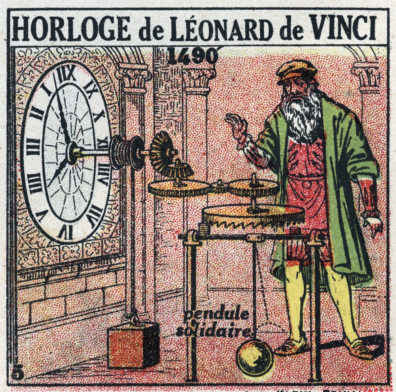 Zeit: Gewichtsuhr erfunden von Leonardo da Vinci (1452-1519) im Jahr 1490. Sie ersetzt das Pendel durch eine vertikale Balance. Anonyme Illustration von 1925. Private Sammlung. von Anonymous Anonymous