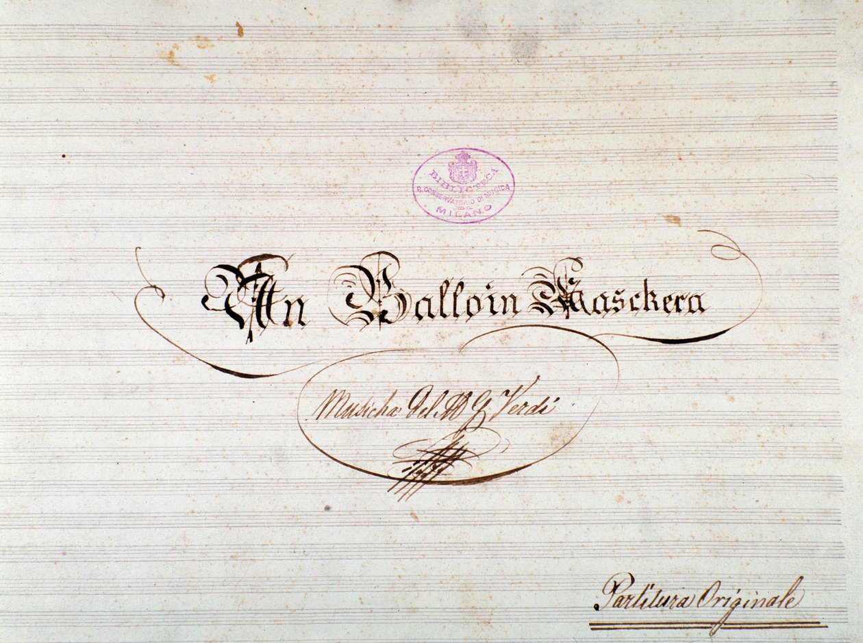 Titelseite der Erstausgabe der Partitur von Un ballo in maschera, Oper von Giuseppe Verdi von Anonymous Anonymous
