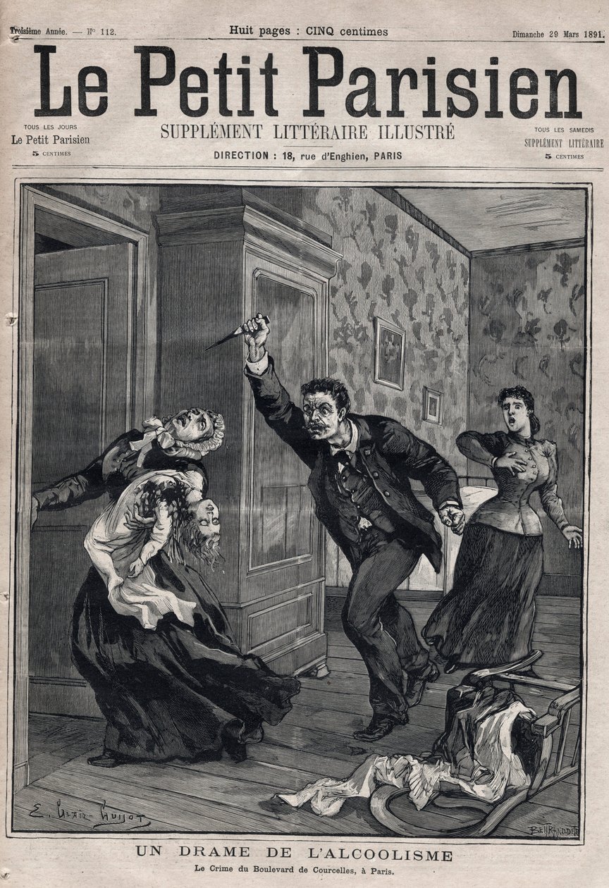 Verschiedene Fakten: ein Drama des Alkoholismus - Das Verbrechen am Boulevard de Courcelles in Paris - Gravur in „Le Petit Parisien“ von 1891 - Private Sammlung von Anonymous Anonymous