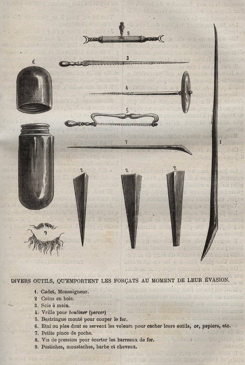 Verschiedene Werkzeuge, die die Sträflinge bei ihrer Flucht mitnehmen. Gravur in „Histoire des bagnes depuis leur création à nos jours“ (1877) von Pierre Zaccone (1817-1895). von Anonymous Anonymous