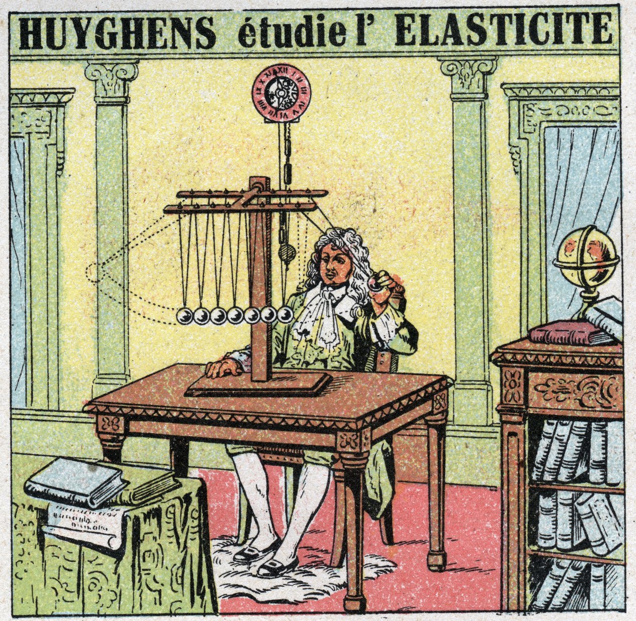 Schwingungsbewegungen: Christiaan Huygens (1629-1695) untersucht die Elastizität des Materials durch Beobachtung von Elfenbeinkugeln. Anonyme Illustration von 1925. Privatsammlung. von Anonymous Anonymous