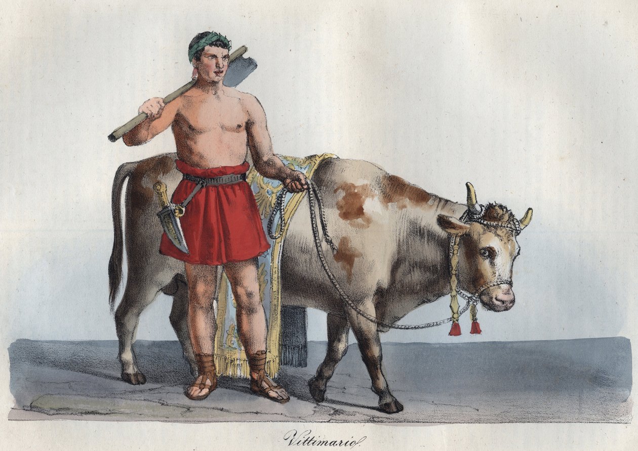 Opferpriester - Opferpriester (Händler von Tieren, die für das Opfer bestimmt sind) (Derjenige, der das Opfer ergriff und die Opfer schlug) Gravur aus „Usi e Costumi di Tutti i Popoli dell