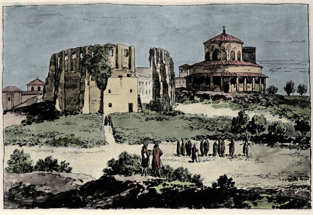 Ansicht der Kirche Santa Costanza, Mausoleum von Kaiser Konstantin, erbaut im 4. Jahrhundert in der Nähe der Basilika St. Agnes in Rom. Illustration aus dem 19. Jahrhundert von Anonymous Anonymous