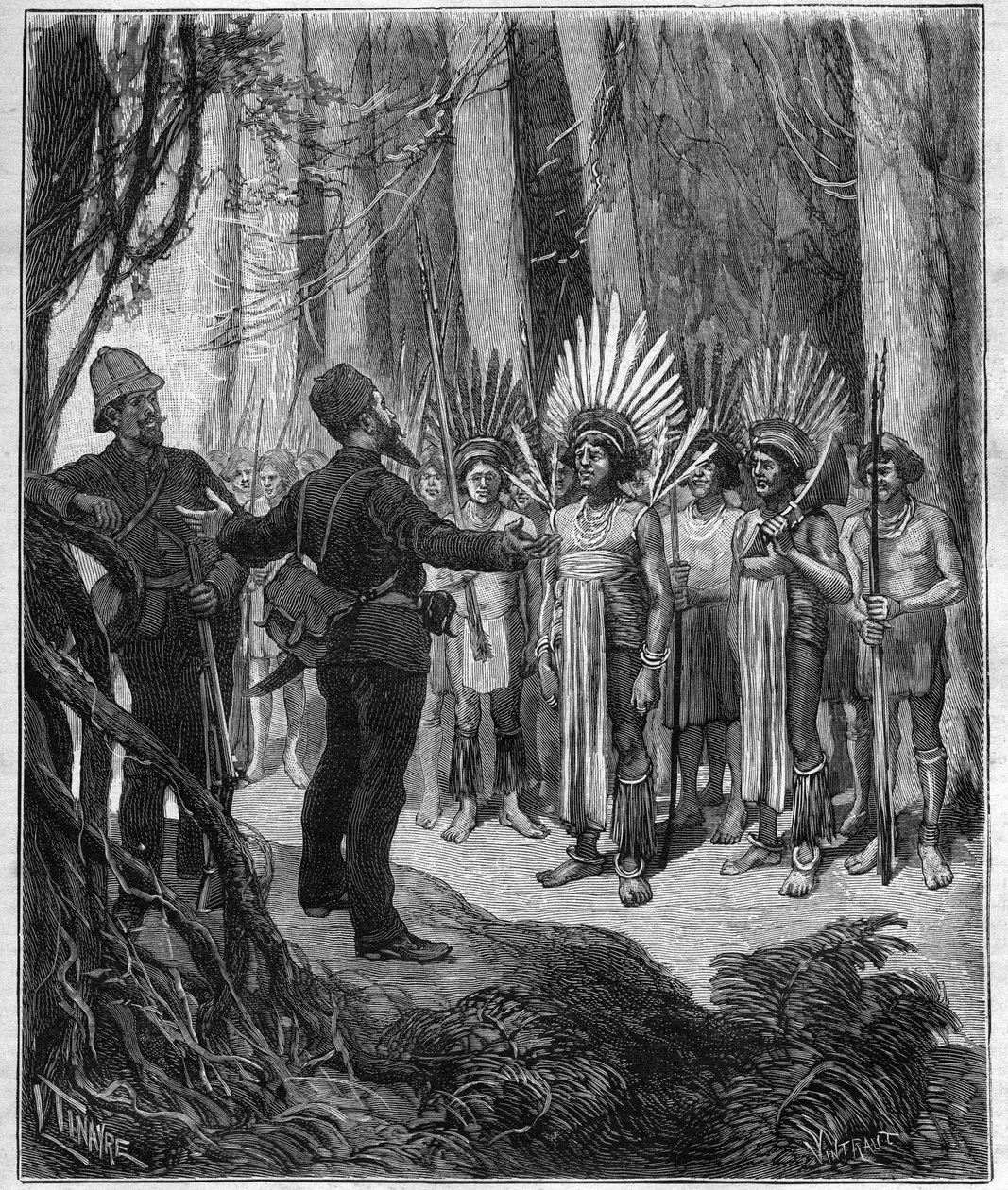 Reise von Henri Coudreau (1859-1899), Professor für Geographie und Forscher im Indianergebiet von Guyana - er wurde von Roucouyan-Chefs empfangen - Gravur in „Journal des voyages“ von 1889. von Anonymous Anonymous