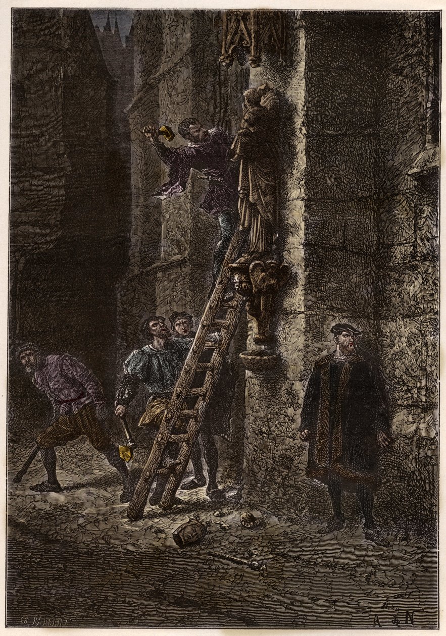 Religionskriege - Ikonoklasmus - Zerstörung heiliger Objekte durch Ketzer (Protestanten) im 16. Jahrhundert in Frankreich - Ketzende Ikonoklasten in Frankreich - Ikonoklastischer Zorn - Protestanten zerstören Bilder von Maria und dem Christkind - Gravur au von Anonymous Anonymous