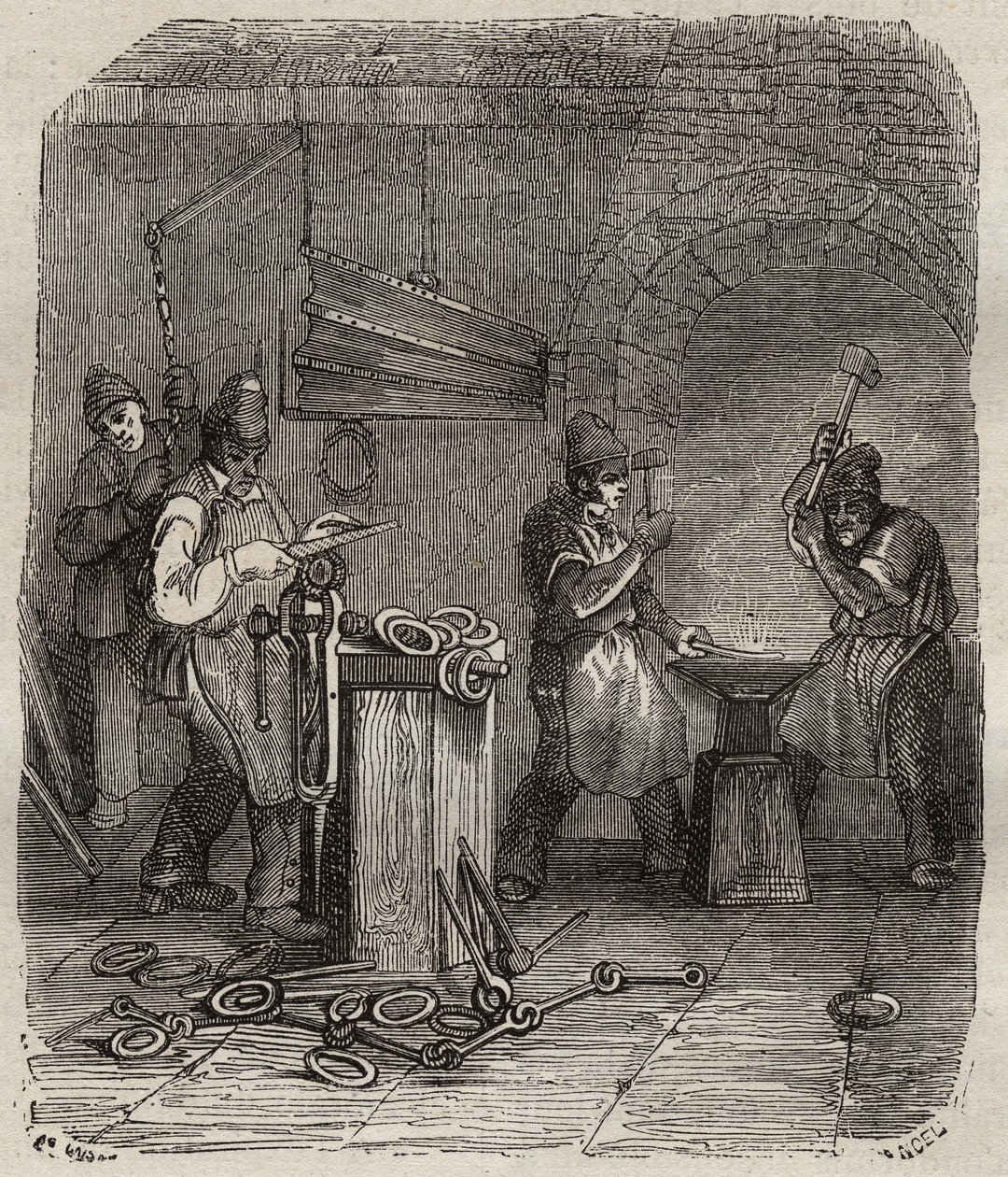 Arbeiterkräfte im Rochefort-Bagne im 19. Jahrhundert. Gravur in „Histoire des bagnes depuis leur création à nos jours“ (1877) von Pierre Zaccone (1817-1895). Private Sammlung. von Anonymous Anonymous