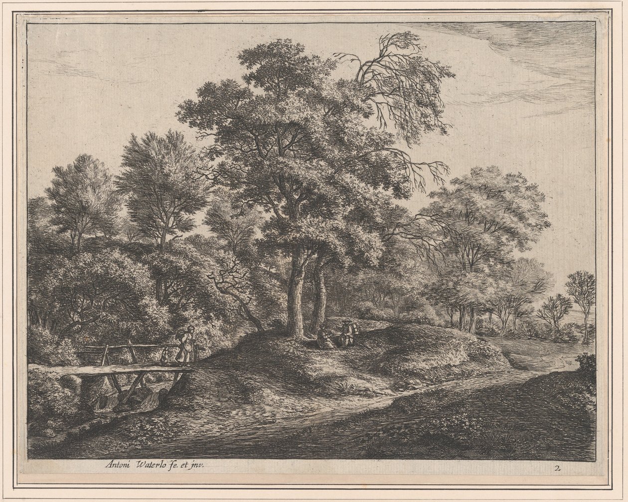 Eine Bäuerin und ihre Tochter auf einer kleinen Holzbrücke, 17. Jahrhundert von Anthonie Waterloo